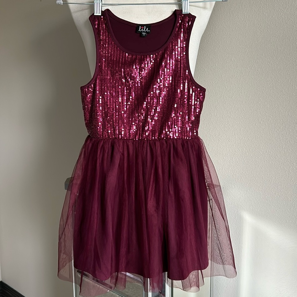 Lilt | Girls Burgundy Sleeveless Sparkly Sequin Tulle Dress w/ Lining - Size 8